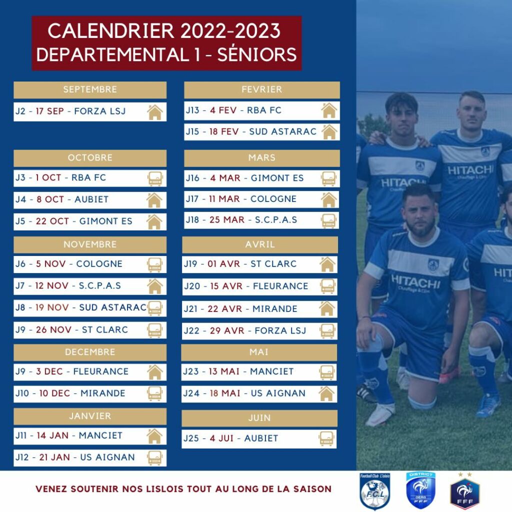 Calendrier 2022/2023 Départemental 1 Seniors – FC L'Isle-Jourdain 32